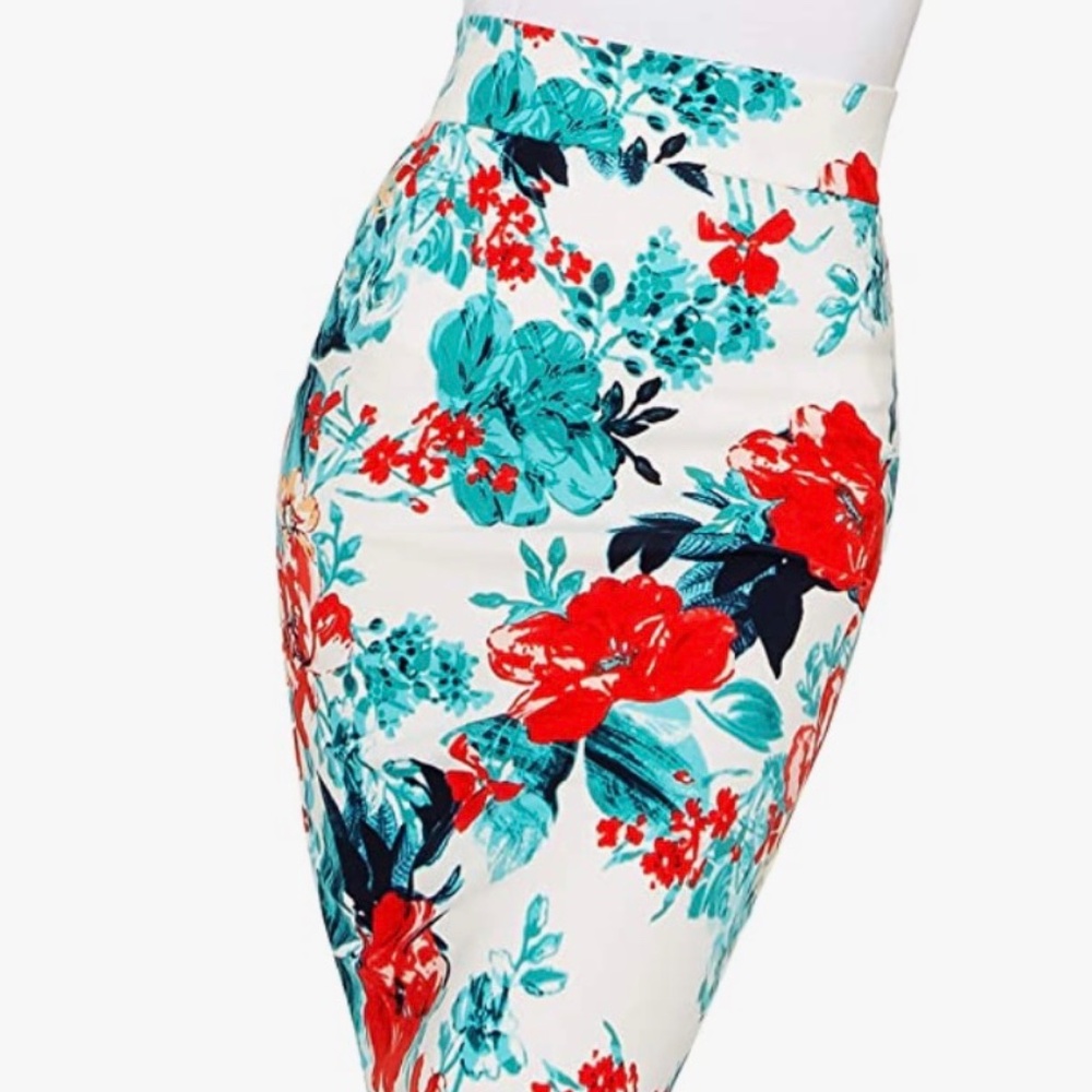 New Women’s Skirt Stretch Elastic Waist Midi Knee White Colorful Floral Small